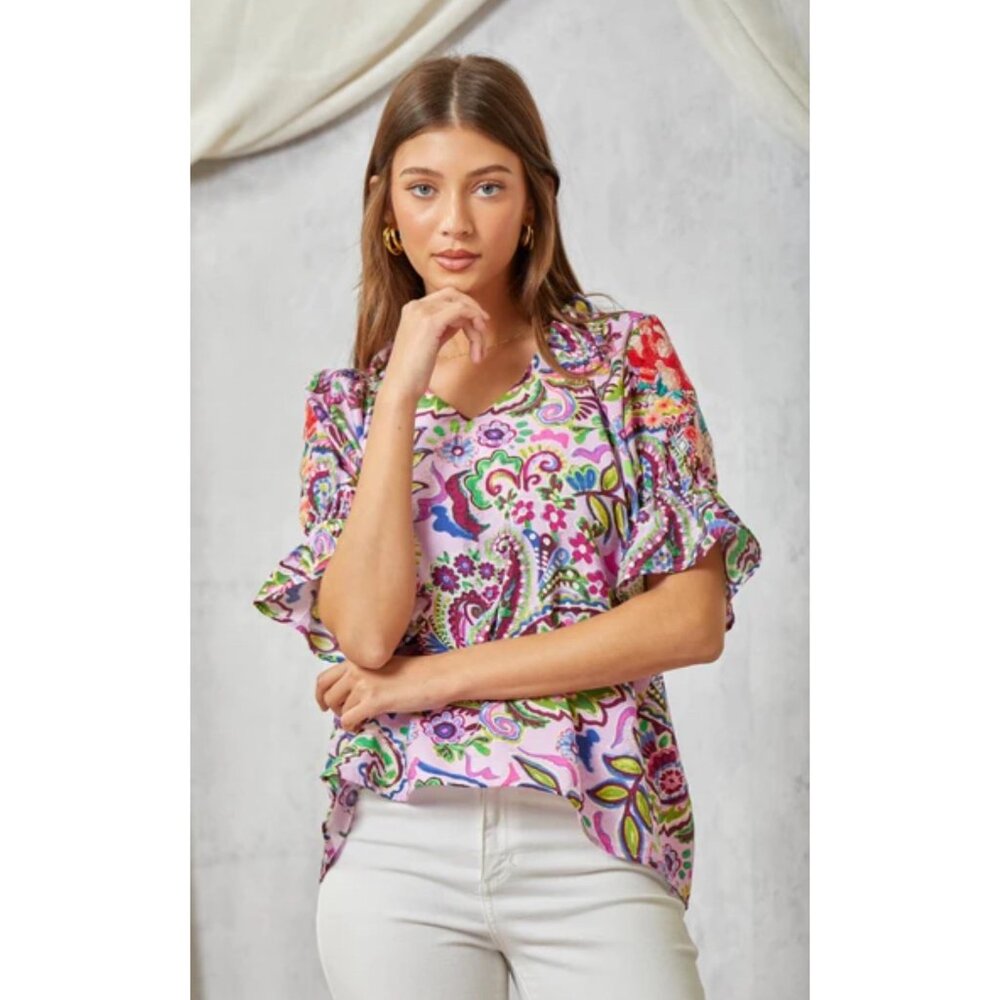 Savanna Jane Boho Lilac Paisley Print Blouse With Floral Embroidery On Sleeves M - Picture 1 of 9